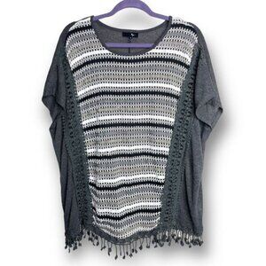 Ryu Anthropologie Size S Charcoal White Stripe Sheer Lace Fringe Knit Top